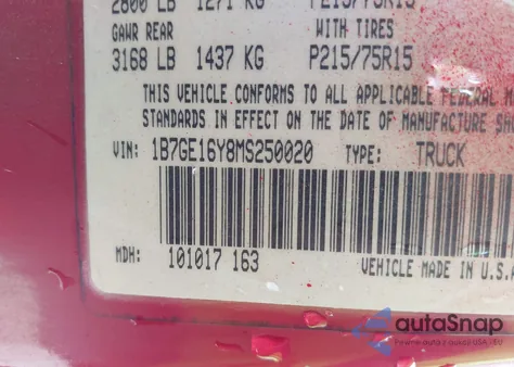 1991 Dodge D-Series D150 z USA, uszkodzony, nr VIN 1B7GE16Y8MS250020